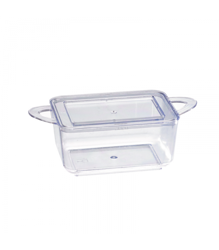 Mise en bouche plastique PS vert rectangulaire transparente avec anses et couvercle "Loukià"  96x50mm H35mm 75ml -24Pcs