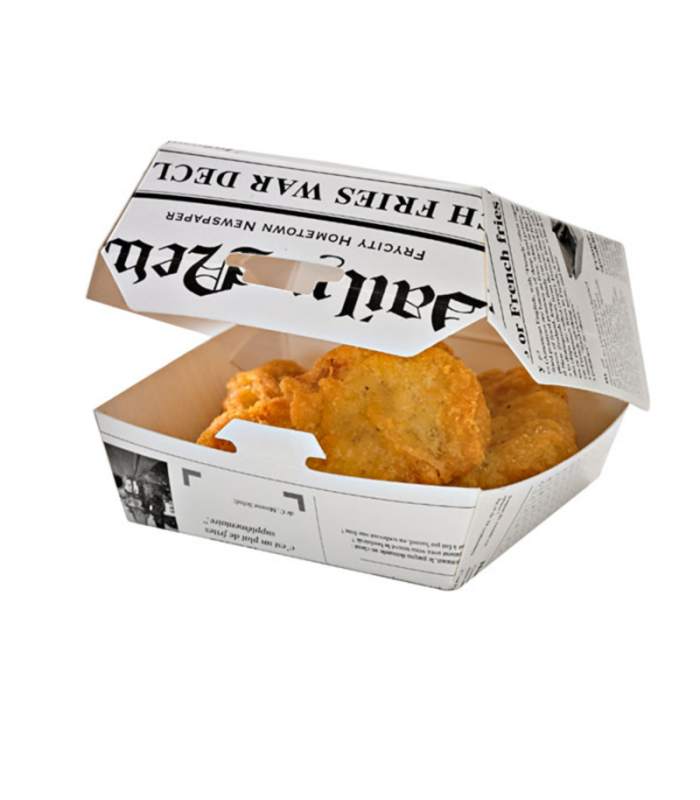 Boite burger carton blanc décor journal  135x125mm H65mm -50Pcs