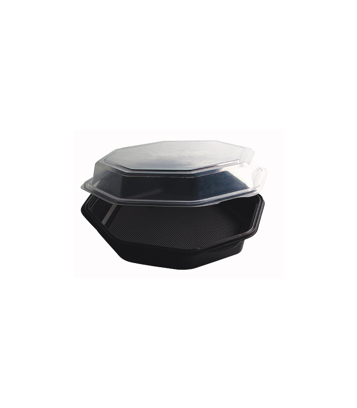 Saladier plastique octogonal noir avec couvercle charnière transparent "Octaview" 160x160mm H60mm 400ml -405Pcs