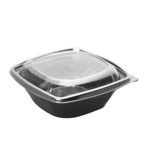 Saladier PET carré noir avec couvercle  190x190mm H75mm 1000ml -25Pcs