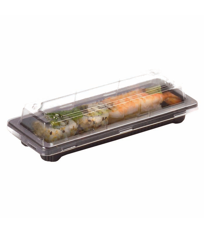 Barquette sushi plastique PS noir avec couvercle PET transparent  178x71mm -200Pcs