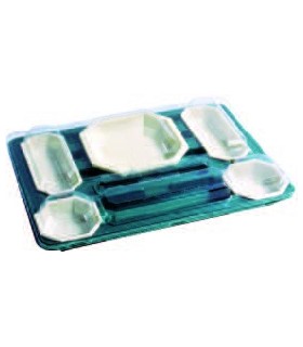 Plateau repas en plastique vert à un couvercle transparent à 7 compartiments et 5 éléments octogon 440x325mm H50mm -50Pcs