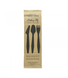 Hercule kit couvert bois 4 / 1: couteau fourchette cuillère serviette, emballage kraft   H185mm -50Pcs
