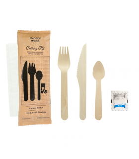 Kit couv bois 6 / 1: cout, four, cuil café, serv, sel, poivre, emb kraft   H165mm -50Pcs