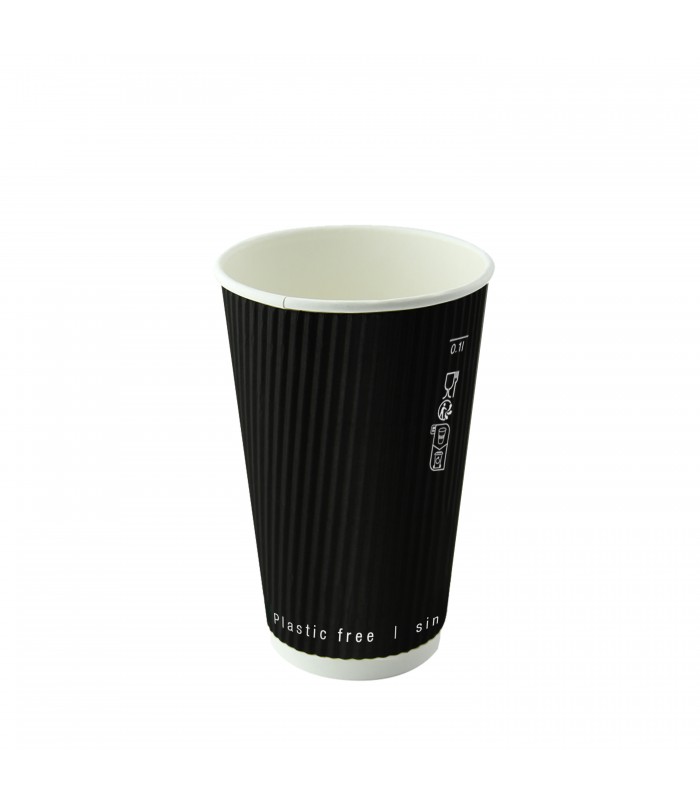 Gobelet Rippley en carton kraft ondulé noir à double paroi sans plastique, Waterbased  H110mm 350ml -25Pcs