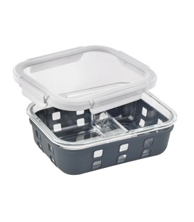 Boite rectangle en verre a/v compartiment+couv transp+protection silicone 198x148mm H60mm 980ml -12Pcs