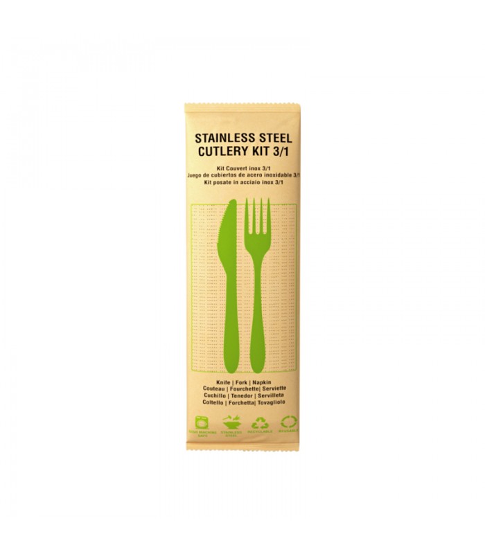 Kit couverts Noxcut en inox 3/1: couteau fourchette serviette, emballage papier 230x60mm H16mm -250Pcs