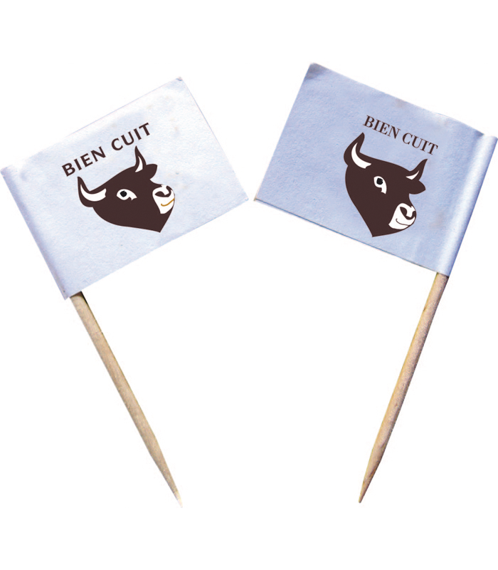 Pique en bois avec extrémité drapeau bien cuit  H65mm