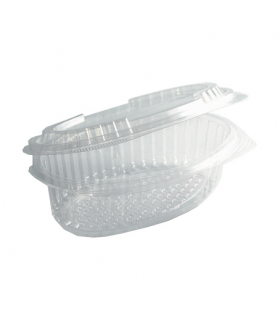 Barquette plastique PET transparente ovale avec couvercle attaché 255x160mm H110mm 2000ml