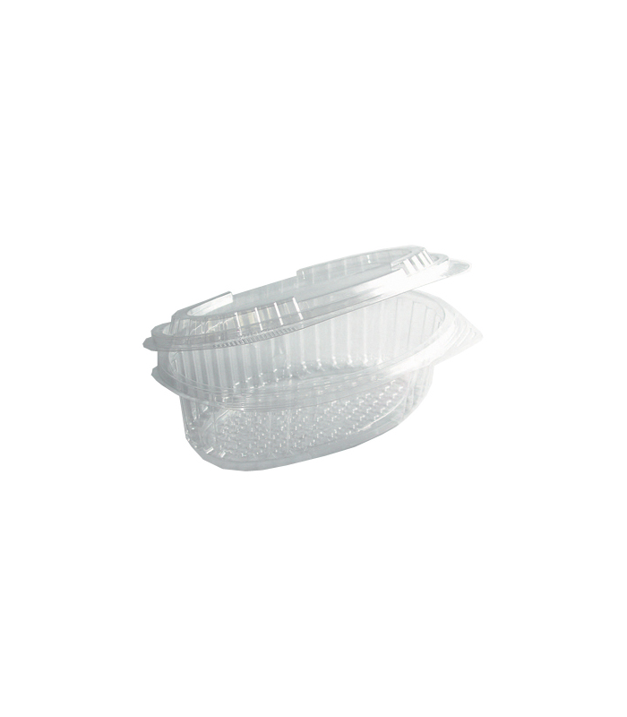 Barquette plastique PET transparente ovale avec couvercle attaché 255x160mm H110mm 2000ml