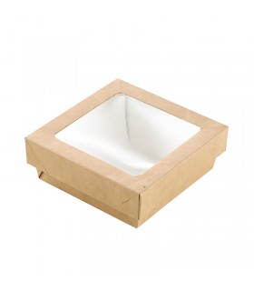 Boîte "Kray" carrée carton brun avec couvercle à fenêtre 115x115mm H40mm 350ml