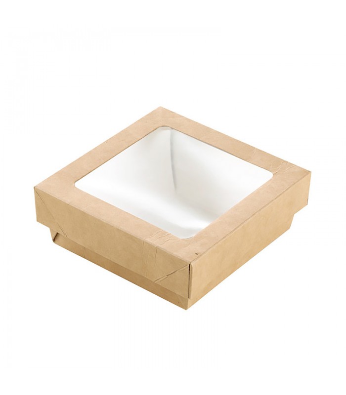 Boîte "Kray" carrée carton brun avec couvercle à fenêtre 115x115mm H40mm 350ml