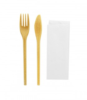 WOODARY Kit couverts réemployable bois composite: couteau fourchette serviette, emballage kraft  250 - 250Pcs