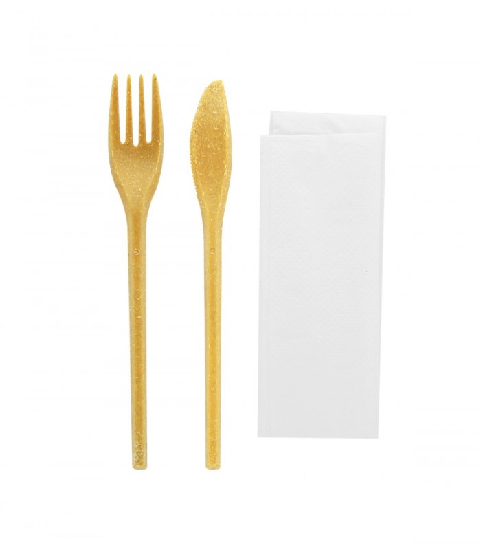 WOODARY Kit couverts réemployable bois composite: couteau fourchette serviette, emballage kraft  250 - 250Pcs